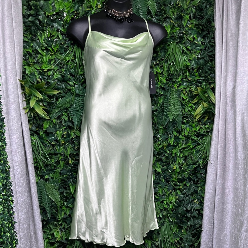 Bebe Dress Large Womens Green Satin Cowl Neck Slip Midi Cocktail 3711 - Picture 3 of 9